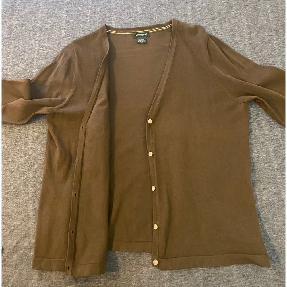 Eddie Bauer Womens Brown Stretch Cardigan XL Cotton Button-Front 3/4‎ Sleeves